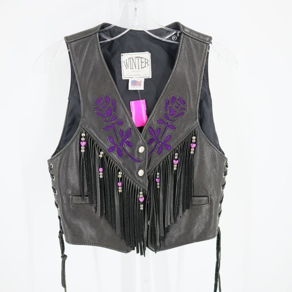 J. Winter Tops - J. Winter Leatherwear Rose Cutout Beaded Fringe Genuine Leather Moto Vest Black